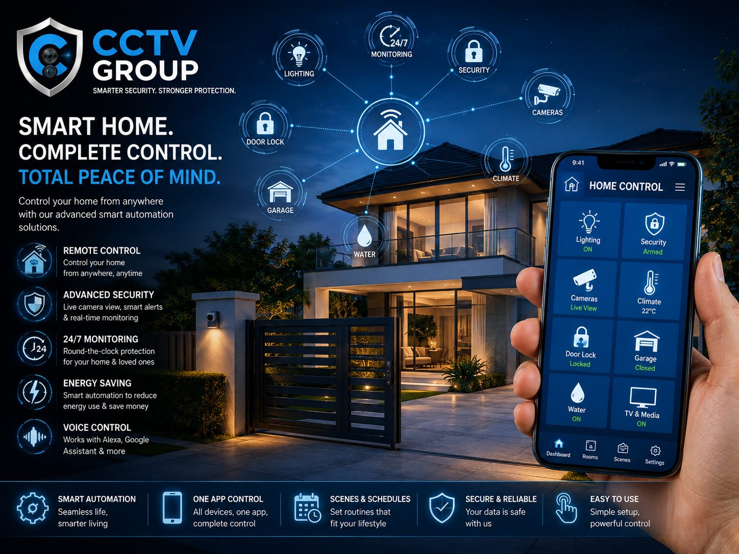 Smart home automation from CCTV Group — control lighting, security, cameras, climate and locks from one app