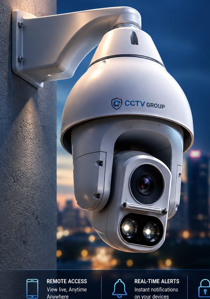 A weatherproof pan, tilt and zoom camera installed outdoors