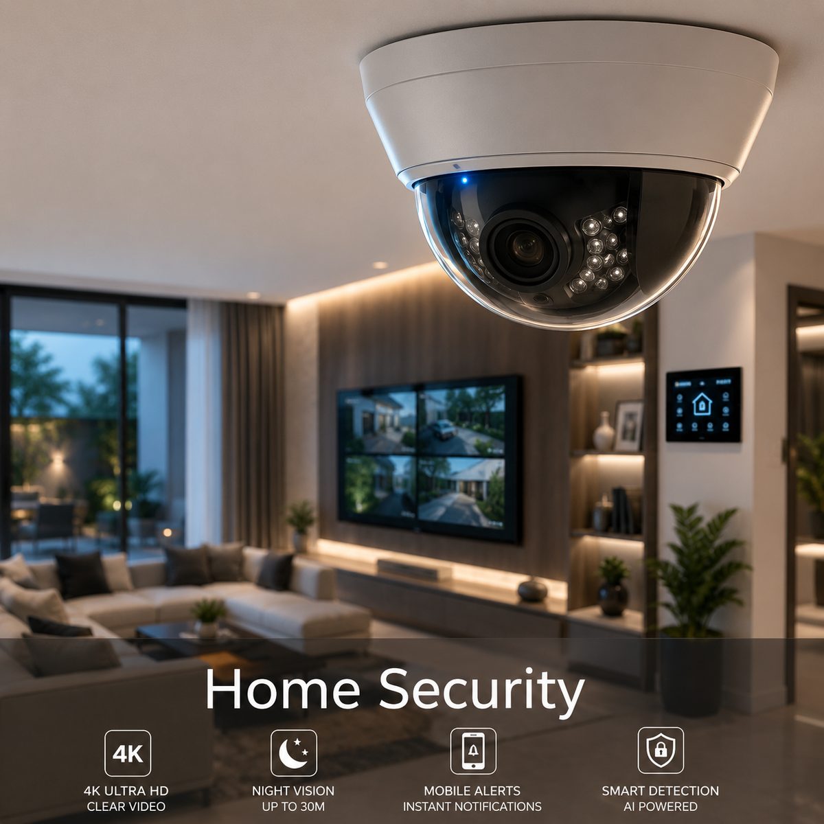 A dome security camera in a living room