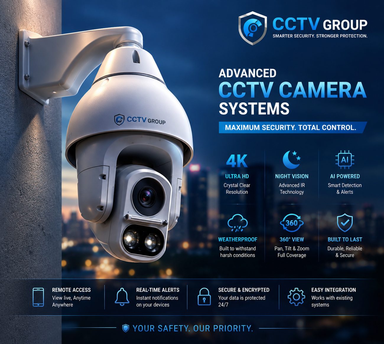 A pan, tilt and zoom CCTV camera mounted outdoors