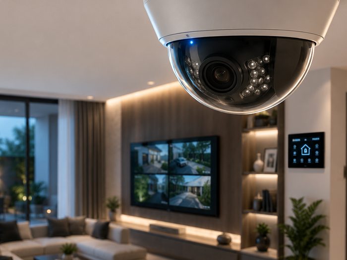 A dome security camera in a living room, with live camera views on the wall screen