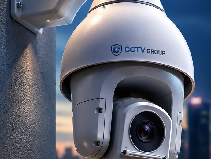 A pan, tilt and zoom CCTV camera mounted on a wall